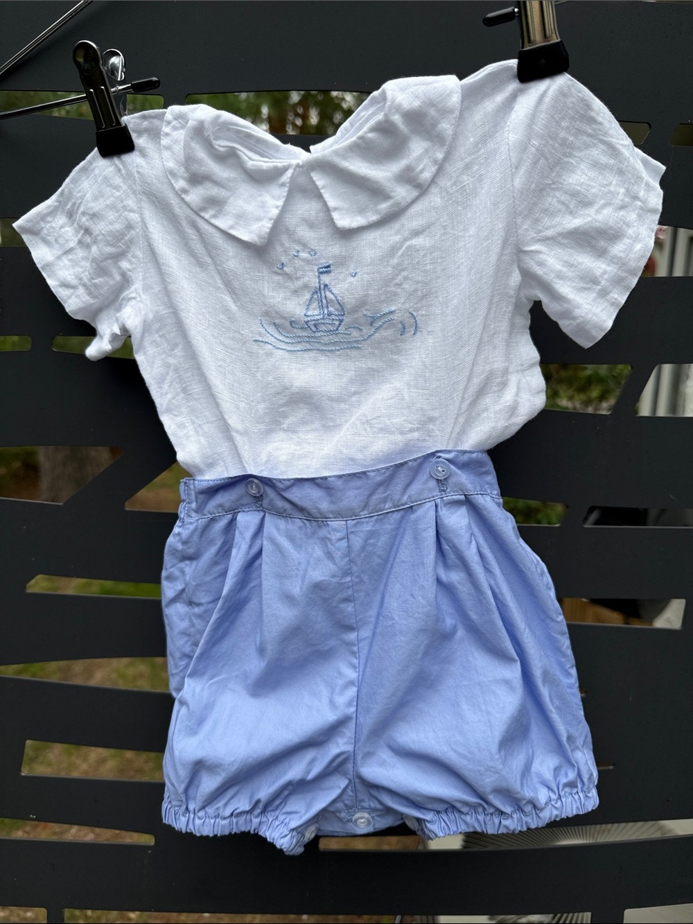 Kids 6 mos Classic White & Light Blue Matching Set with Sailboat Embroidery